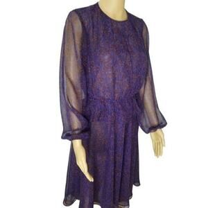 1970s Purple Sheer Leopard Print Peplum Midi Dress Long Sleeve Size 10 Vintage